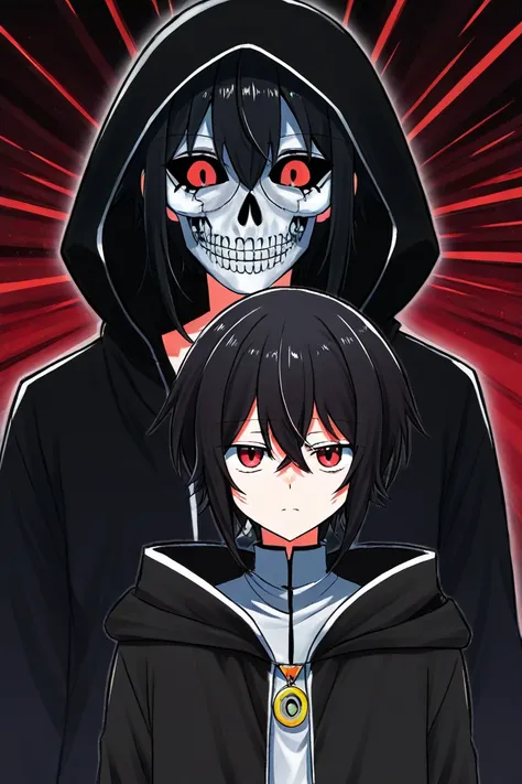 I want you to make me an OC of a masked person with a white stone skull mask with red eyes coming out of it and he has black hair and he wears a black hooded coat. 