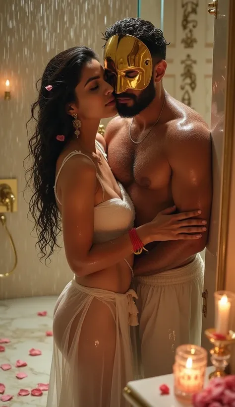 A breathtakingly beautiful Indian woman with delicate features and expressive eyes leans against the glass wall of a grand, opulent shower in a luxurious bathroom. Her soaked, transparent white dress clings to her curves, accentuating her silhouette. Dropl...