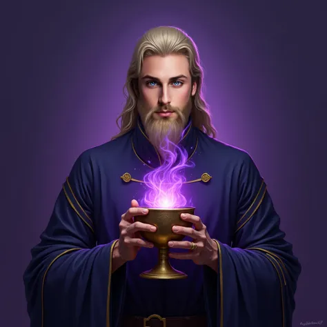 Portrait of a man with long blond hair, blue eyes and a golden beard. The man is shown from the front and has a serene expression. He has a fair skin tone and a medium build. He is wearing a lilac and gold colored outfit, with textured details on the gold ...