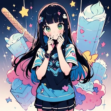 ,Alone, upperbody, long black hair , ( blunt bangs ),  green eyes,   ice cream worker 、 friendly seller's clothing ,   mini skirt、 the lover's atmosphere , blush, Model pose, winter sky , cielo nocturno, stars,  charming smile,Aurora,( I'm the main charact...