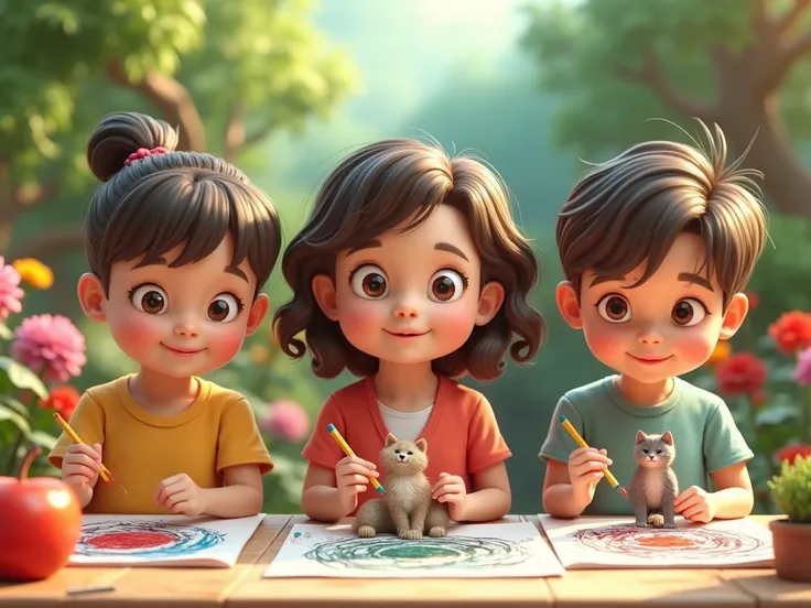 three different boys and girls holding a drawing chart front view one create a apple picture second create a ball drawing and third create a cat in a garden and sitting on a chair 3d beautiful view
