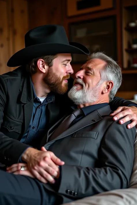 I bet,  a tall, muscular white cowboy with brown hair and cowboy style beard who wears a black jacket with an open zipper,  a dark blue shirt and a black denim hat ,  kissing and wrapping his arms around the waist ,  a mature white man with short gray hair...