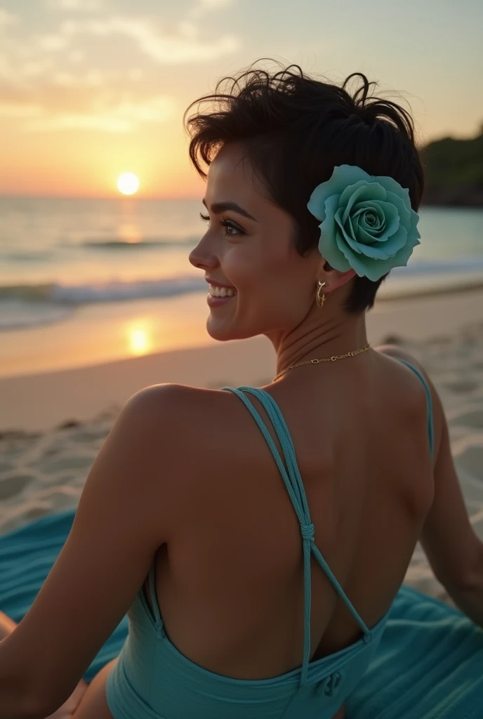 A human woman in her 20's, excellent physique, wearing a swimsuit in the colors of silver and sky blue, green eyes, black hair in a grown out pixie cut hairstyle, currently on a paradise planet with great weather currently sitting on the beach on a teal to...