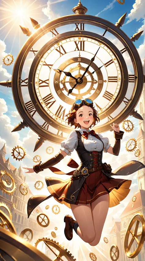 A time-traveling girl, a cheerful short-haired adventurer, wearing a steampunk-inspired outfit decorated with clock gears, goggles on her forehead, a massive floating clock in the sky, the clock hands are disassembled and floating around, slightly retro at...