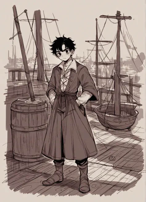 Boy loly,(solo)On a medieval ship,score_9,score_8_up,score_7_up,cute,score_6_up,score_5_up,on a pirate ship marinaio(solo),Wash the floor, loly,loly black hair, dressed in black, medieval Dark fantasy city, works as a cabin boy on a pirate ship, straight h...