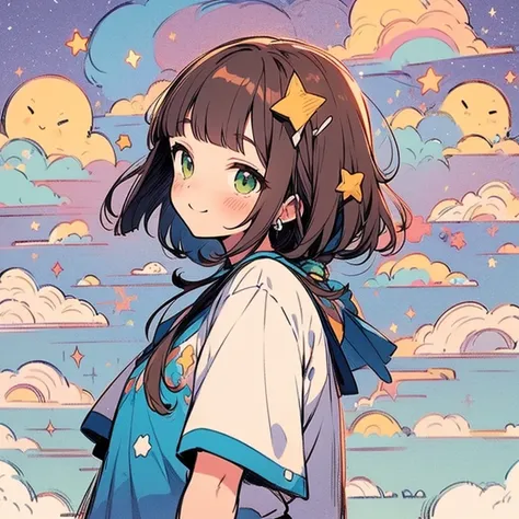  side view,Alone, upperbody,  long brown hair , ( blunt bangs ),  green eyes, ,   mini skirt、 the lover's atmosphere , blush, Model pose, winter sky , cielo nocturno, stars, nubes y stars de colores,  charming smile,Aurora,( I'm the main character :1.3), (...