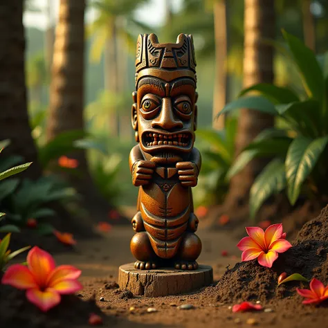 Hawaiian ambience, Tiki style, with elements of Polynesian culture, Deuses Tiki,  High quality cutlery,  resolution 4k, warm color palette, Trees present in the image, elements of Hawaiian culture, The background of the image is sharp and detailed, without...