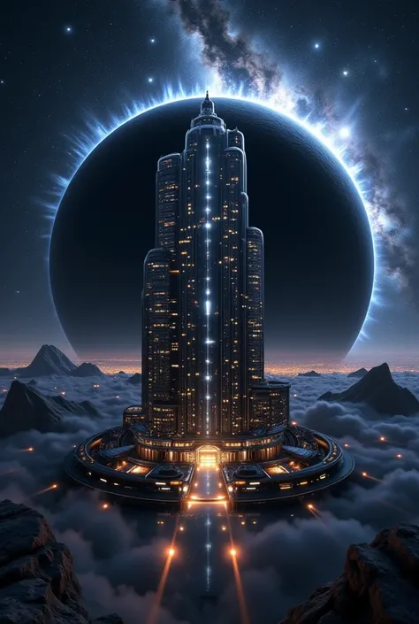  A futuristic cylindrical space colony floating in the vastness of space ,  with a large black hole in the background surrounded by bright stars . The design should reflect advanced technology ,  displaying elegant lines and glowing elements that emphasize...