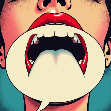 Closeup of A CUTE female mouth with red lipstick OPEN announcement and empty speech bubble. Vector BLUE AND PINK background in comic retro pop art style