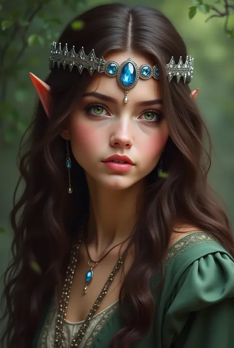  a fair-skinned young woman ,  with long, wavy hair of a dark brown hue .  Her eyes are deep green ,  She has a medium height and a graceful posture .  She always wears a silver tiara with a blue gemstone
Sorceress and Half Elf