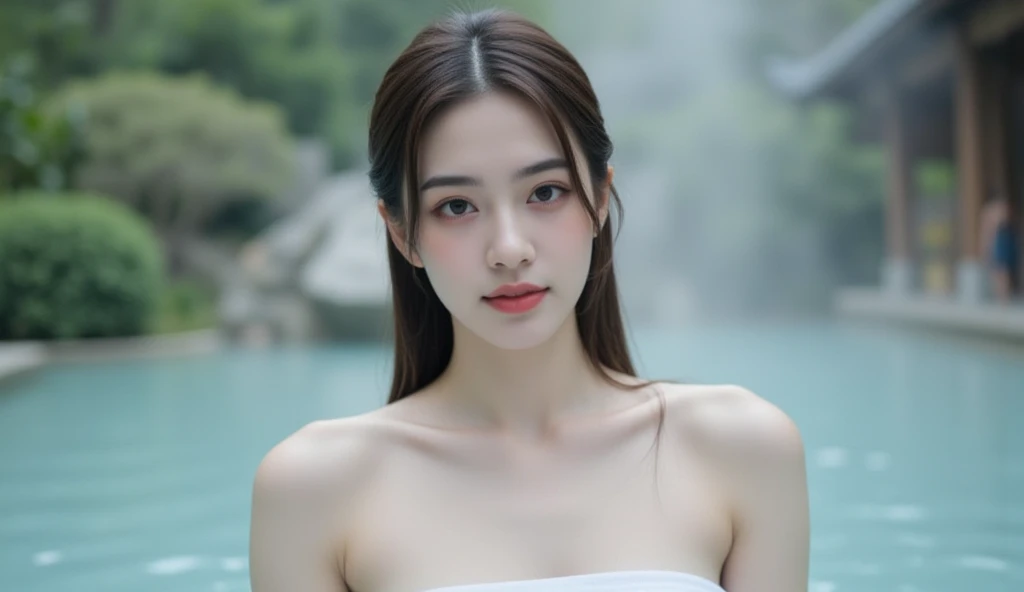 (  knight :1.6),  Oriental Architecture ,  1 female, ((hot spring, hot spring:1.4)), Moist Skin, ((fog:1.8)), ( steam rises :1.8),  growing skin, Glossy Skin, ((partially submerged in hot spring:1.4)), Jisoo loosely covering her chest with a towel. , The ....