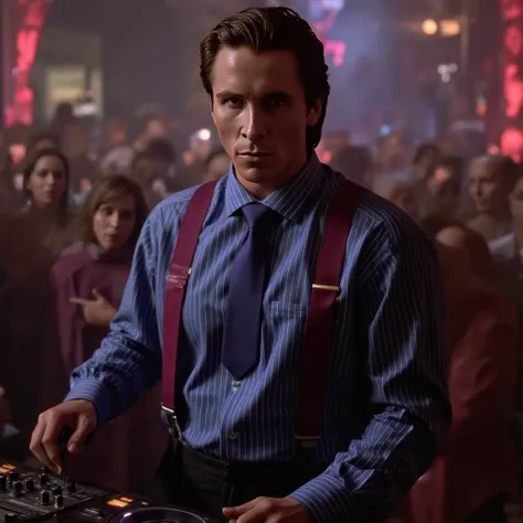 Christian Bale as DJ on the party. Wearing a blue and white striped shirt, dark trousers, and suspenders.