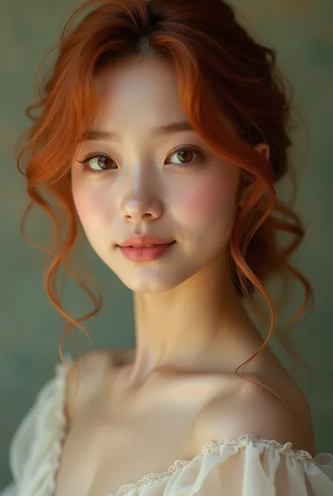 a beautiful girl (age around 20) Irish-Korean_American, brown eye, red brown hair  (more Irish, a little korean) elegance and incredibly beautiful  like a fairly 