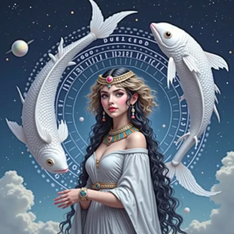  Double impression of two fish swimming in opposite directions  ,  reflecting the duality and often contradictory nature of this sign , in the middle of the galaxy .  Along with the  ,  there is the face of a very beautiful young Egyptian goddess ,  with a...