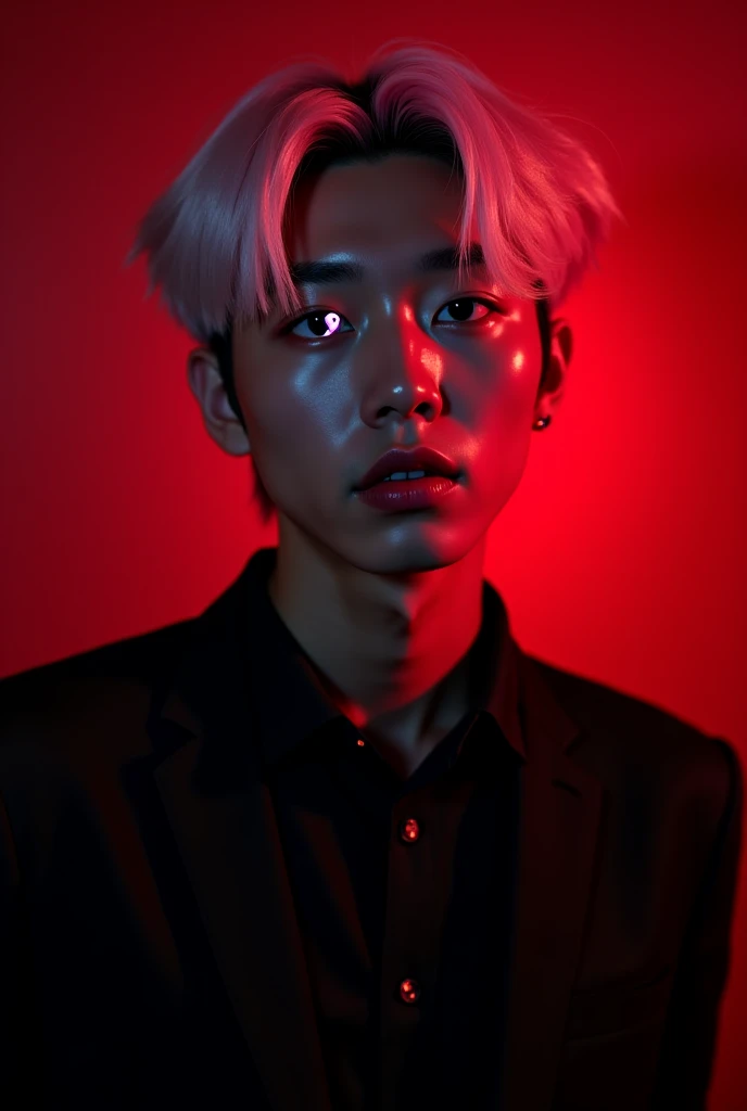 Create an image of a handsome Korean male idol with white hair and pink tips. The idol is posed in a black room with dramatic red lighting. The only color visible besides the idol's hair is his left eye, which has a unique lighting effect resembling a half...