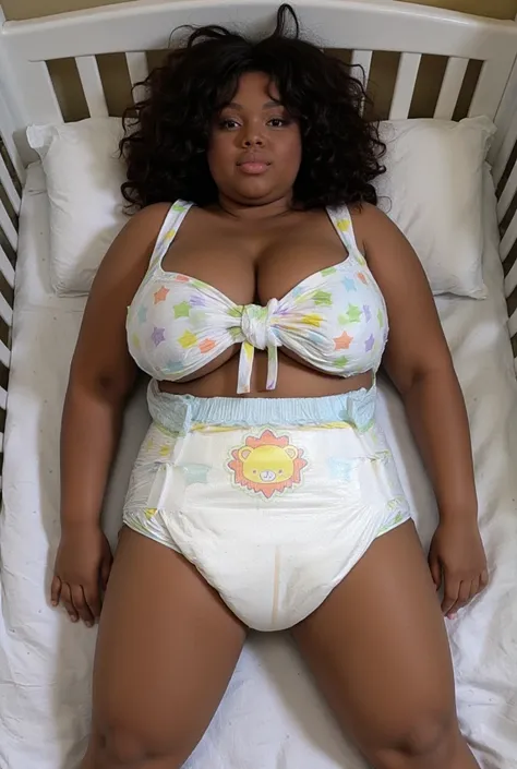 one women, big breasted, big butt, diaper sagging, sagging, crib, beautiful women, ginormous sagging diaper, one brown skinned women, colorful dress, colorful diaper, sleeping in crib, diaper can not fit butt, thick thighs, big breasts, butt too big for di...