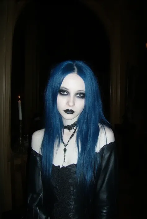 "Create a highly detailed and realistic photo of an 18-year-old gothic woman with striking blue hair. She should have a captivating and alluring presence, exuding a subtle yet powerful sense of sexuality. Her makeup should be dark and dramatic, with bold e...