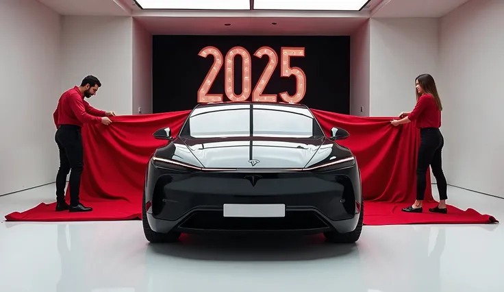 captivating image of a [2025 Tesla cybertruck]taking a center stage in a luxurious white showroom.
The futuristic, vibrant ( Black )exterior gleams , showcasing it's sleek aerodynamic design and bold accents ,the words ( 2025 Tesla cybertruck) a man and wo...