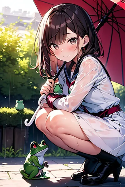 highest quality, masterpiece, Ultra-high resolution, 8k,
Rainy Sky,garden,(((Girl 1,Little frog 1))),Morning glories grow to waist height,(There is a small frog on a morning glory leaf),((A girl is squatting under an umbrella,Staring at a small frog)),Wick...