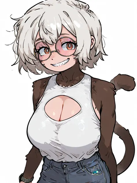 score_9_up 、score_8_up 、score_7_up 、score_6_up 、 by Remanedur 、bust、 short hair、白いfur、monkey、 round glasses、 colored glasses 、Big Breasts、furのwoman、woman、fur、 watch the viewer、One person、smile、Grin、 proud face、Oblique foreground 、 tilts its head、 tank top、...