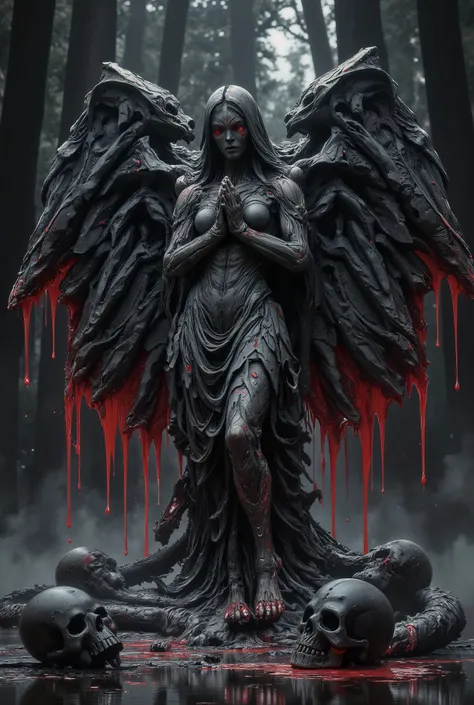 is a stone statue of the beautiful goddess , with clasped hands and large wings spread out, with lots of red liquid , flowing out of her eyes , horror mood . deep dark forest praying without a single twinkle , black mist, surrounded by torn skulls