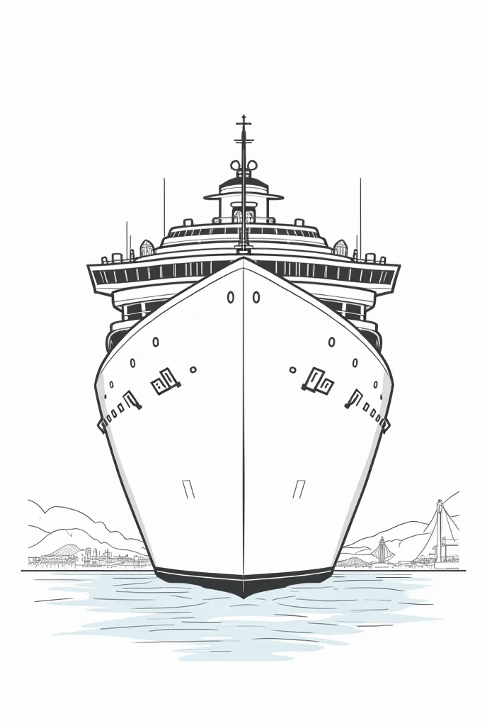 Image of a cruise ship at an image angle of three quarters and from bottom to top, to give the impression of greatness. In classic line style from the 50s.