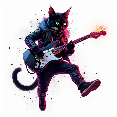 white background, cyberpunk cat mid-jump playing fiery electric guitar, black leather jacket with neon-blue highlights, glitch distortions and digital static, fragmented color separation, messy scribbled overlay with uneven lines, high-contrast anime shadi...