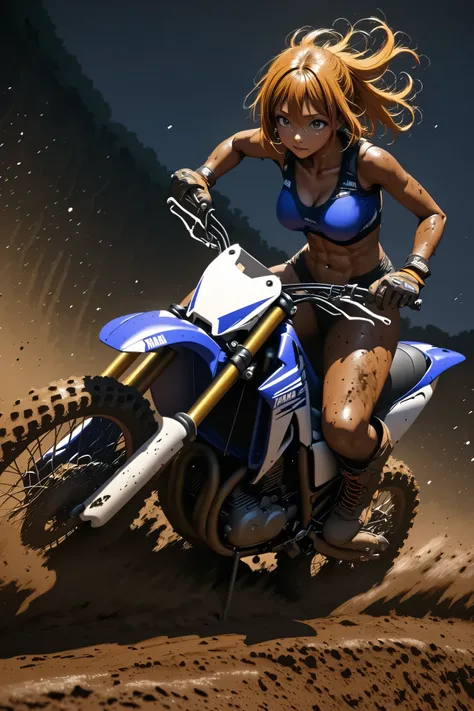 Yamaha WR250 , racer girl,motocross racing , night riding, top quality, Ultra Wide Angle, Brown skin ,    brown skin that supports each other , ,  wear motocross boots  ,  muddy ,  abs,Jump over the hill  , 