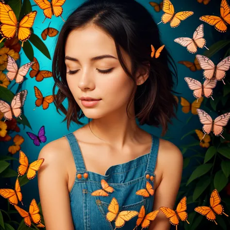 The image depicts a serene scene with a young woman with closed eyes, surrounded by a flurry of colorful butterflies. Her face is relaxed, and her long, flowing hair blends harmoniously with the butterflies, which are of various colors, including vibrant b...