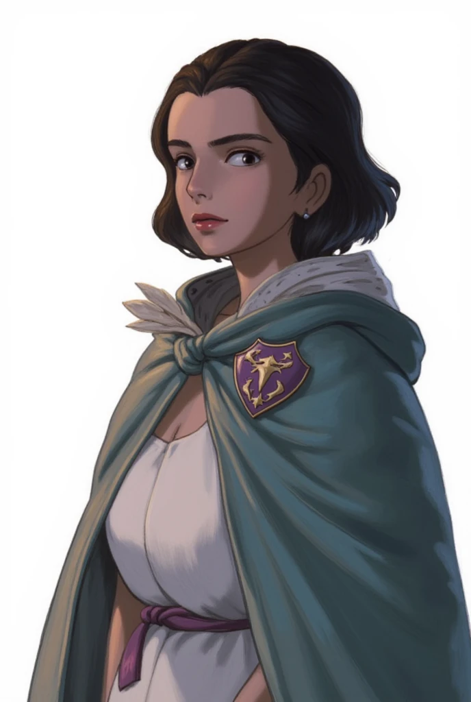 Sarevi Tilernos - Sarevi wears her family crest prominently displayed as a brooch pinning her cloak together at the shoulder - purple shield. She appears melancholy. white background