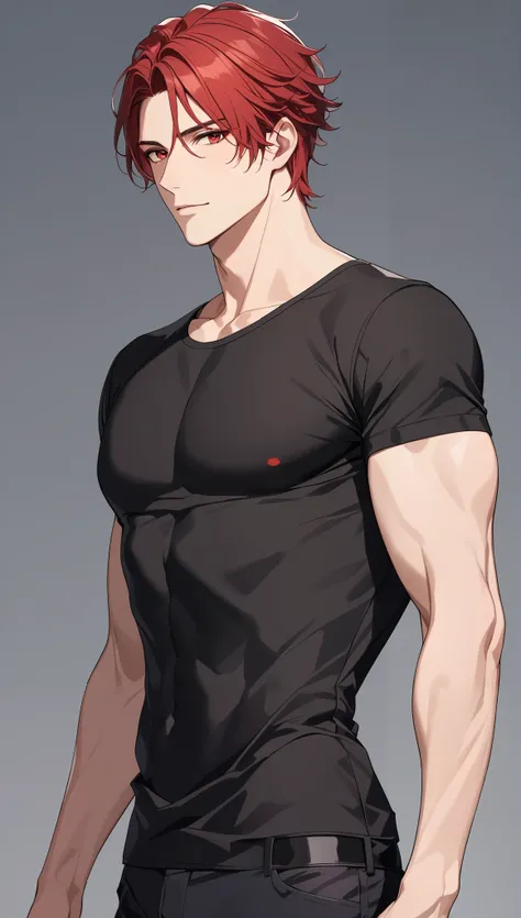 top quality　 Masterpiece 　 high definition 　 Masterpiece 　, red hair man,　　 red Eyes man 　  plain backround, no backround, white backround, male, mascular body , handsome, ikemen, thight black shirt