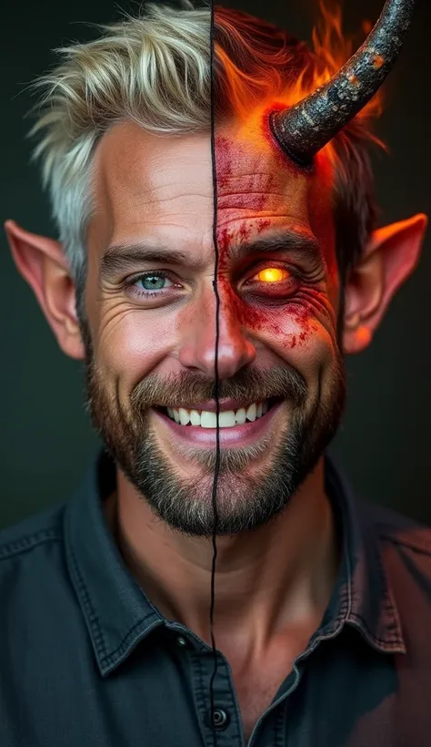  Image of a man's face divided into two parts vertically ,  half of the face is that of a 35-year-old fisherman white blonde with green eyes and a scar that goes all the way down to the eyes , And the other half has horns  ,  eye with fire and reddish skin...