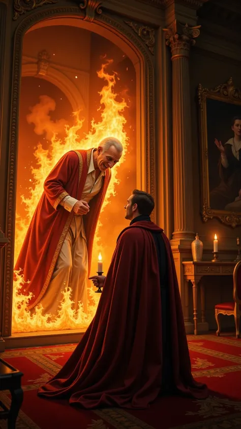 A medieval royal chamber, an elderly king begins to burn alive! He is wearing a luxurious robe, but his body is engulfed in flames. A panicked servant is watching, holding a burning candle. The king's face shows an expression of terror.