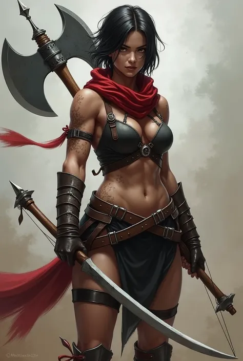 Tabletop RPG character. human, woman, warrior, Mercenary,  short red hair, skin marked by scars, sexy boobs. Carry a red handkerchief with you. weapons: large axe and a longbow. 