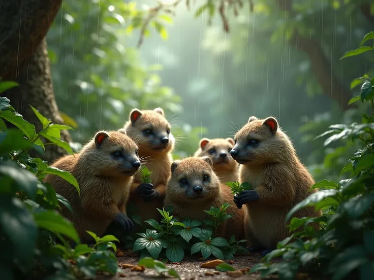 A group of hyrax, eating leaves , Rainy day, Background in the middle of the jungle