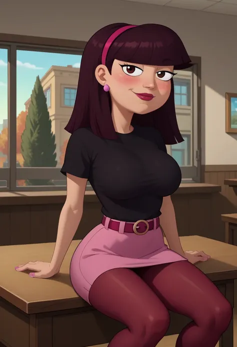 ((bedroom background)),score_9, score_8_up, score_7_up,score_6_up, 
1girl, Solo, AmandaL_MM, olive skin, dark brown eyes, deep burgundy hair, straight hair, shoulder-length hair, straight fringe, magenta headband, de small spherical earrings, black sweater...