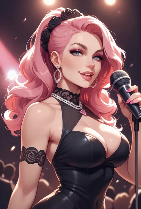 I want four Friday Night funk-style images of a pink-haired woman wearing a black dress with a microphone on