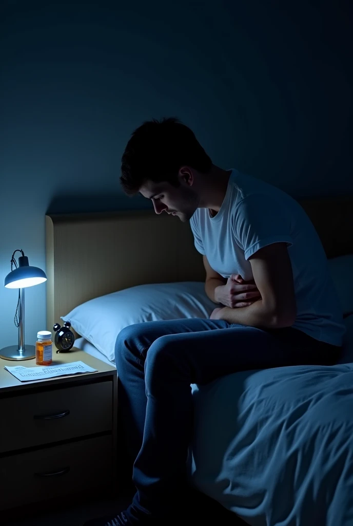 A nighttime bedroom scene with Josh sitting awake, clutching his stomach. The bedside lamp casts a dim glow, highlighting a clock reading 1:30 AM. On the nightstand, a bottle of pain pills and a Google printout about insomnia are visible, emphasizing his s...