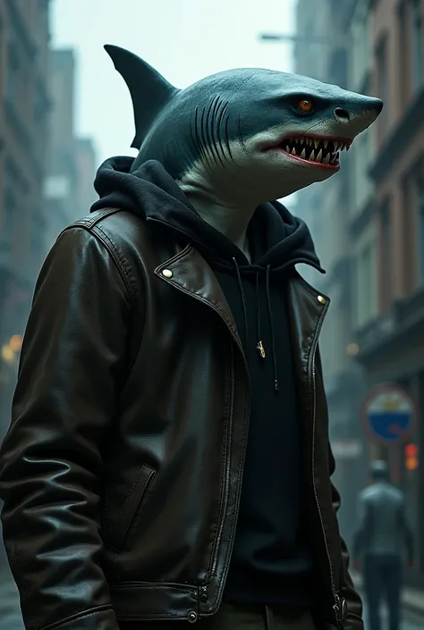 Seriously looking and smoking human shark with leather jacket and background of a dark uncertain city 