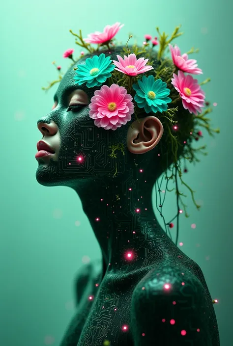 The cover of **"Neo Flora "**  is a surreal and dreamlike image . an androgynous figure ,  with the face covered by a mask made of digital flowers and intertwining circuits Hacked,  emerges from a hazy background .  Flowers seem to grow from their skin ,  ...