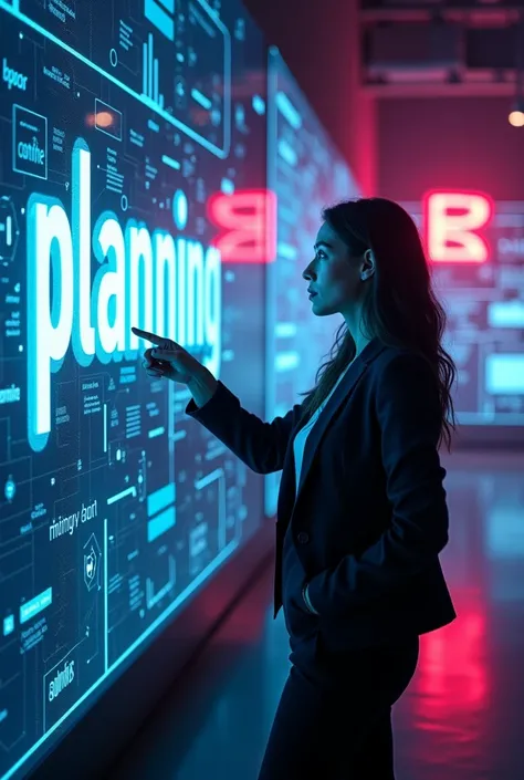 A woman pointing at a glowing 3D hologram of the word "planning", colorful neon colors, digital background, dark atmosphere, showcasing cutting-edge technology, high detail, futuristic style, vibrant lighting.