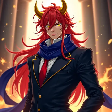  better quality, amazing quality, anime,man, young, Long intense red hair , yellow-eyed, dark blue long scarf, golden horns ,tuxedo tunic with red tie , slim body with shapely muscles,( tall cowgirl )