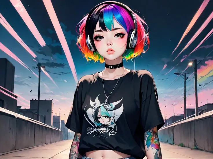 1 girl, solo, arm tattoo, shirt, black eyes, looking up, black shirt, tattoo, closed mouth, collar, earrings, multicolored hair, upper body, pointed, from below, short hair, floating hair, t-shirt, frowning, listening to music from headphones, medium hair,...