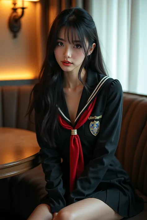  Documentary Photo  ， Idol Girl  ，Extremely beautiful ，  big eyes， and sits at a table in a luxury hotel，Strange Fight  ，  long hair to the waist，Black straight ， Slightly wet hair  ， Wearing a sexy school uniform ， clothes are messy ， at the delivery desk...