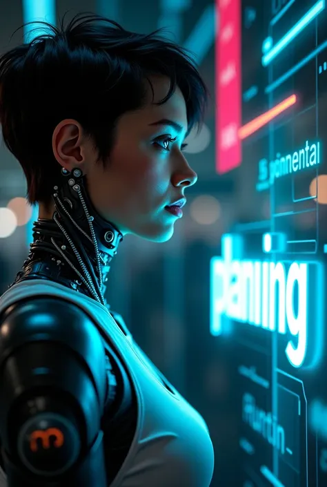 A cybrog woman looking at a glowing 3D hologram of the word "planning", colorful neon colors, digital background, dark atmosphere, showcasing cutting-edge technology, high detail, futuristic style, vibrant lighting.