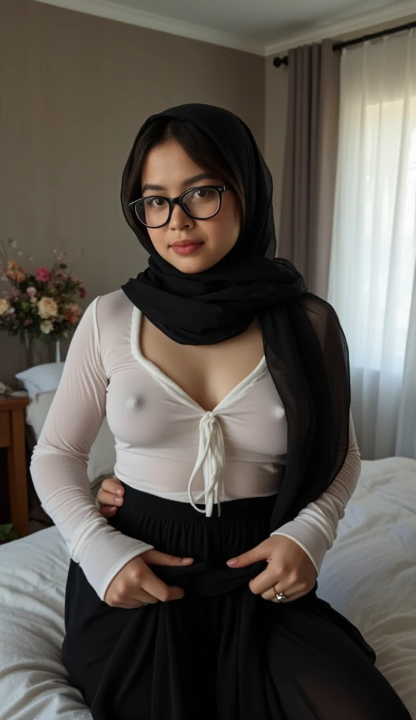 RAW, (NSFW), (pornography), beautiful and cute Indonesian girls, glasses,  (black transparent large soft hijab pashmina covering her black hair and breast), (tight body fit transparent white long sleeve untucked buttoned shirt), (perfect body), (large and ...