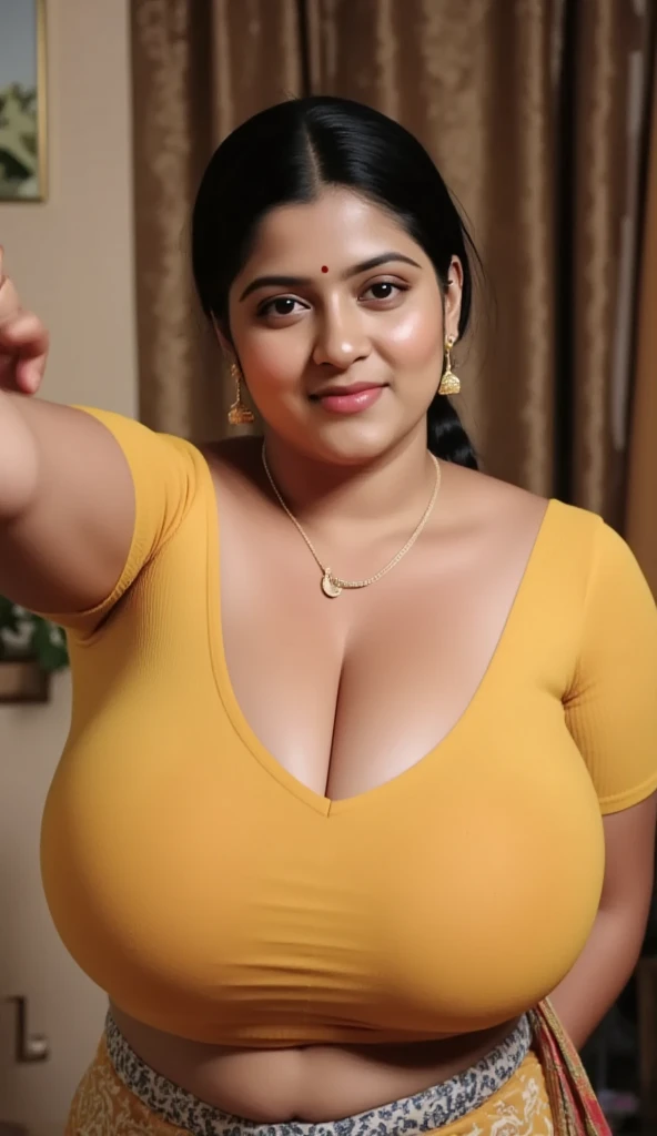  indian 45 year old chubby woman is wearing a tshirt & long skirt,big Deep cleavage,big sexy chest,big ,detailed body and face, big bright eyes, charming, sexy, perfect anatomy, braid hair, detailed background, 8k,big chest, posing for photoshoot 