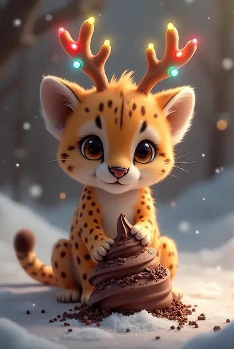  Cute, beautiful and tender cheetah,  that has reindeer horns with colored lights,  eating chocolate ice cream .