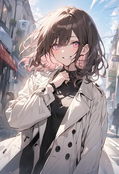 Alone， medium hair，Dark brown hair， tip pink highlight，woman， Light Pink Eyes ，smile,morning，blue sky，black long sleeve shirt ，black ribbons on clothes，Around town， white trench coat