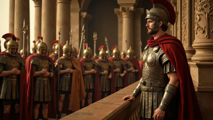 une image 3D haute définition réaliste de l'empereur romain Jules César debout sur le balcon de son palais, s'adressant aux soldats romains armés de lance et d'épée, traits du visage détaillés, architecture de palais ornée, éclairage dramatique, compositio...